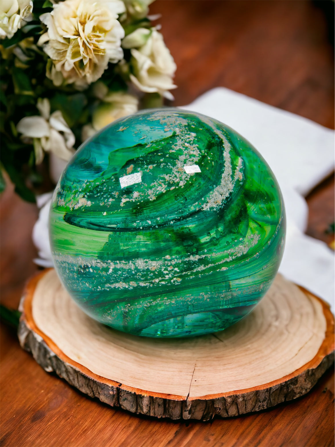 Round crystal Glass paperweight from cremation ashes