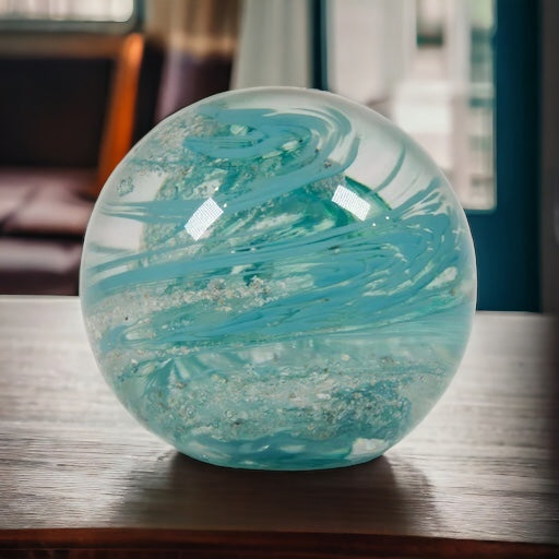 Round crystal Glass paperweight from cremation ashes