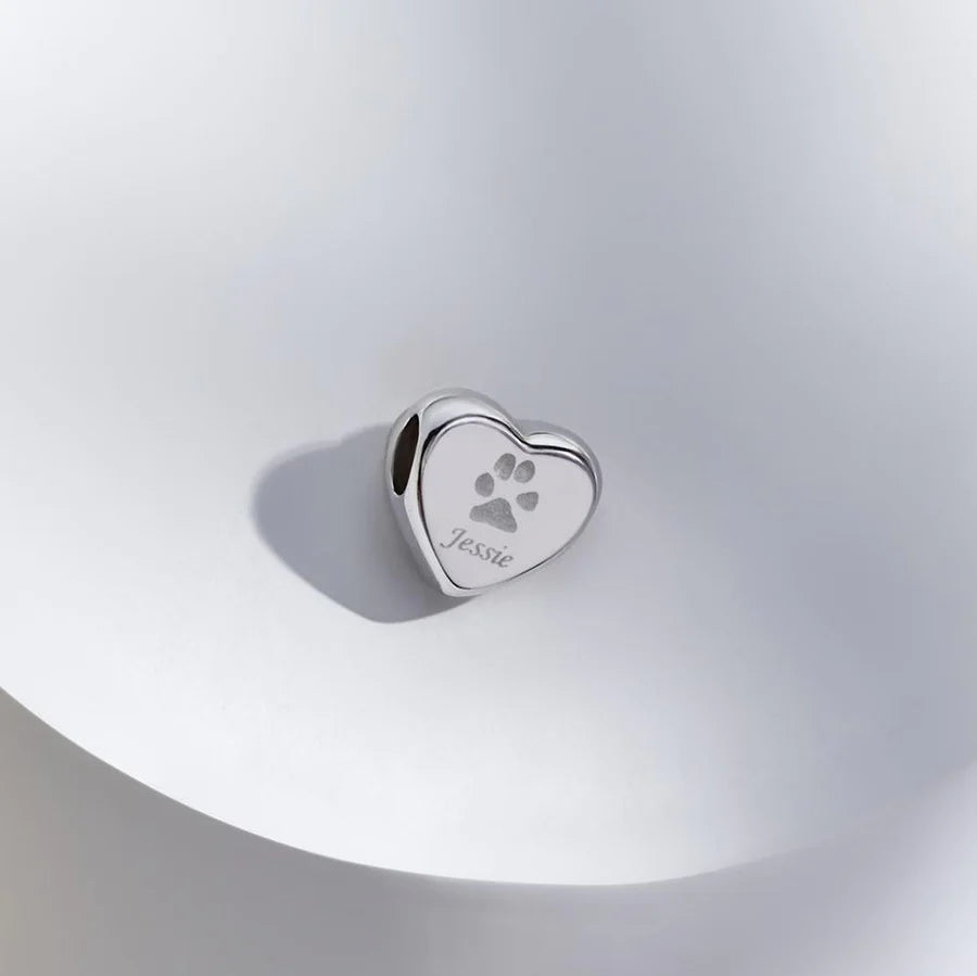 Heart Pawprint Memorial Charm Bead - Engraved
