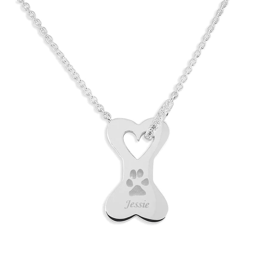 Dog Bone Pawprint Memorial Necklace with Fine Crystals - Engraved