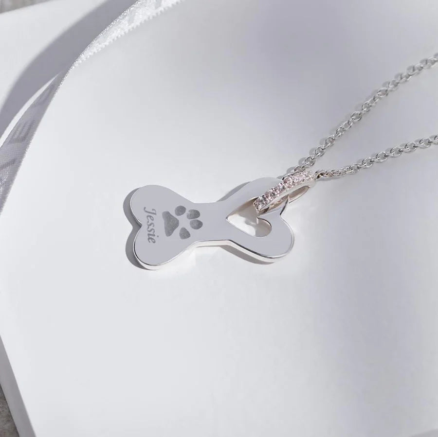 Dog Bone Pawprint Memorial Necklace with Fine Crystals - Engraved