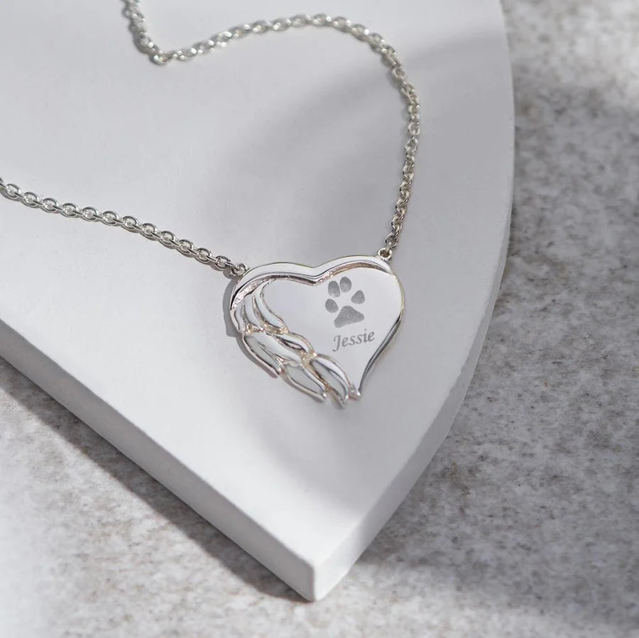 Winged Heart Pawprint Memorial Necklace - Engraved