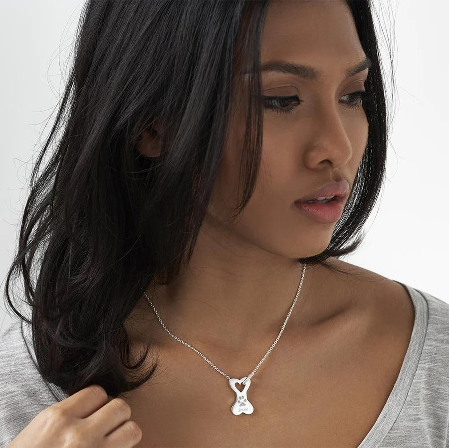 Dog Bone Pawprint Memorial Necklace with Fine Crystals - Engraved