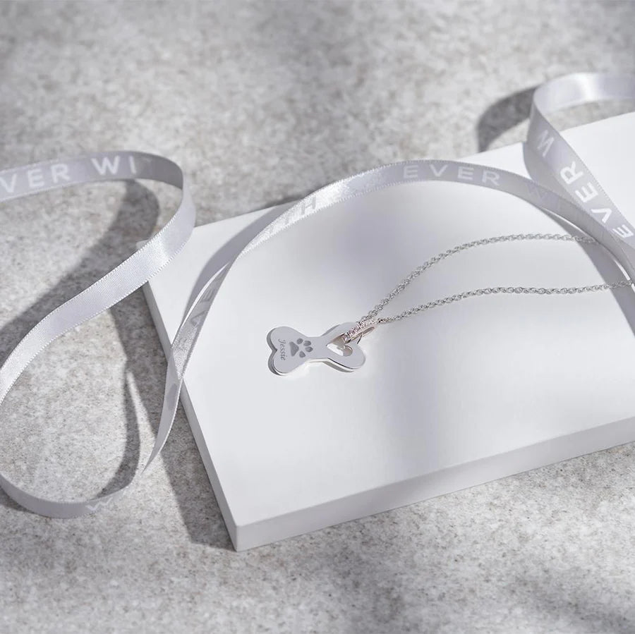 Dog Bone Pawprint Memorial Necklace with Fine Crystals - Engraved