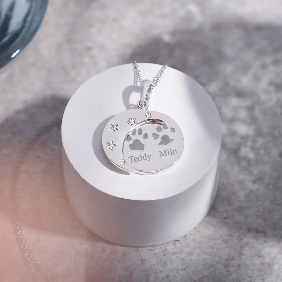 Moons Pawprint Memorial Pendants with Fine Crystal - Engraved