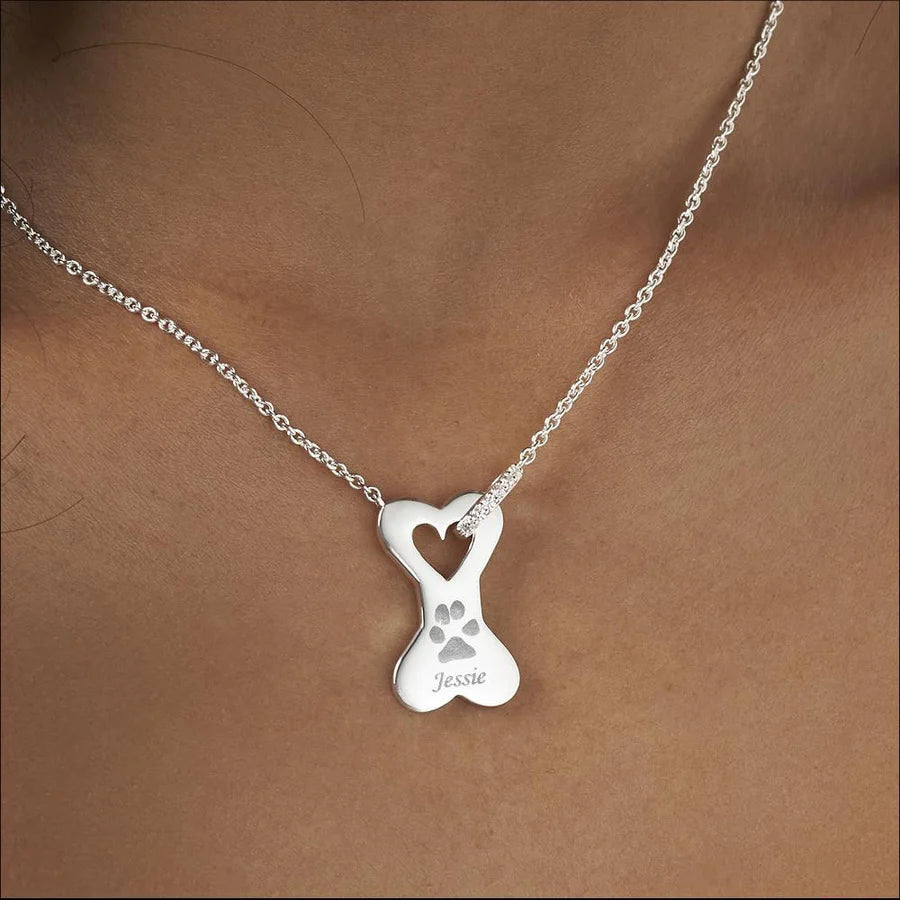 Dog Bone Pawprint Memorial Necklace with Fine Crystals - Engraved