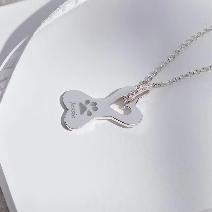 Dog Bone Pawprint Memorial Necklace with Fine Crystals - Engraved
